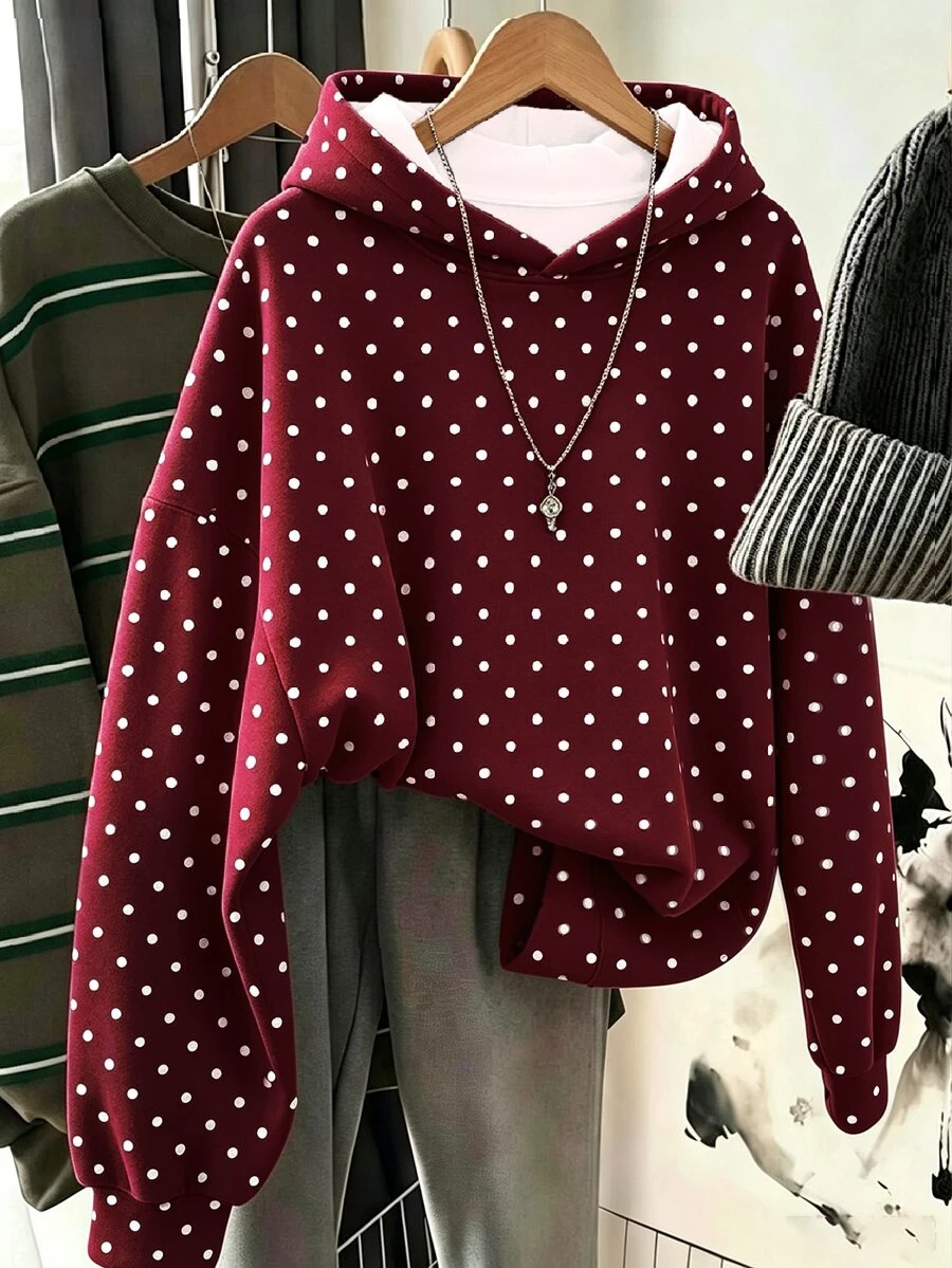 SHEIN 青少年女孩休閒時尚波點圖案厚實舒適柔軟運動衫,適合秋冬日常、街頭穿搭、戶外、Y2K、運動、校園、返校,甜美女孩風 - 白色 - 查看 1