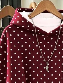 SHEIN 青少年女孩休閒時尚波點圖案厚實舒適柔軟運動衫，適合秋冬日常、街頭穿搭、戶外、Y2K、運動、校園、返校，甜美女孩風 - 白色 - 查看 3
