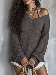 SHEIN Women's Autumn/Winter Casual Solid Color Hollow Knit Sweater - Coffee Brown - View 1