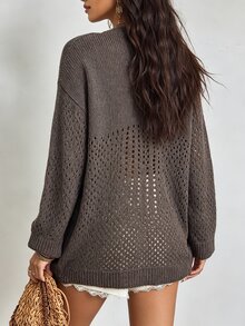 SHEIN Women's Autumn/Winter Casual Solid Color Hollow Knit Sweater - Coffee Brown - View 2