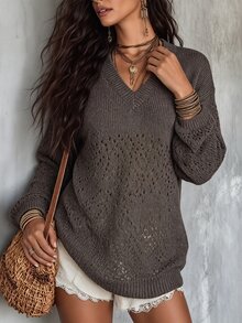 SHEIN Women's Autumn/Winter Casual Solid Color Hollow Knit Sweater - Coffee Brown - View 4