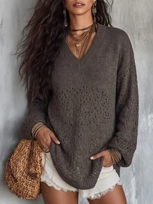 SHEIN Women's Autumn/Winter Casual Solid Color Hollow Knit Sweater - Coffee Brown - View 3