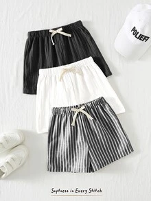 Cozy Pixies 3pcs/Set Young Boy Elastic Waist Shorts With Decorative Ribbon, Versatile & Comfortable - Multicolor - View 8