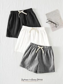 Cozy Pixies 3pcs/Set Young Boy Elastic Waist Shorts With Decorative Ribbon, Versatile & Comfortable - Multicolor - View 7