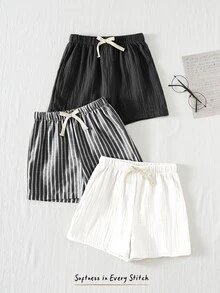 Cozy Pixies 3pcs/Set Young Boy Elastic Waist Shorts With Decorative Ribbon, Versatile & Comfortable - Multicolor - View 6