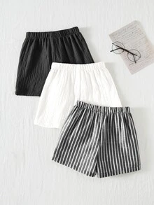 Cozy Pixies 3pcs/Set Young Boy Elastic Waist Shorts With Decorative Ribbon, Versatile & Comfortable - Multicolor - View 2