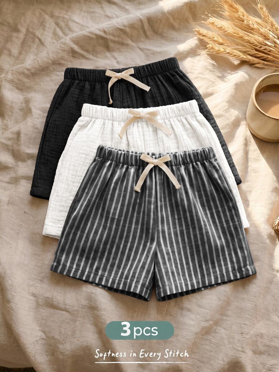 Cozy Pixies 3pcs/Set Young Boy Elastic Waist Shorts With Decorative Ribbon, Versatile & Comfortable - Multicolor - View 1