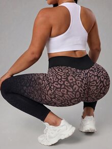 SHEIN Rhythm Era Women's Plus Size Leopard Print Gradient Casual Versatile Daily Travel Sports Tight Leggings - Coffee Brown - View 7