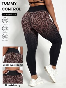SHEIN Rhythm Era Women's Plus Size Leopard Print Gradient Casual Versatile Daily Travel Sports Tight Leggings - Coffee Brown - View 2