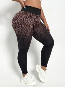 SHEIN Rhythm Era Women's Plus Size Leopard Print Gradient Casual Versatile Daily Travel Sports Tight Leggings - Coffee Brown - View 4