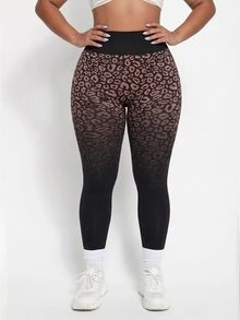SHEIN Rhythm Era Women's Plus Size Leopard Print Gradient Casual Versatile Daily Travel Sports Tight Leggings - Coffee Brown - View 5