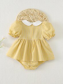 Cozy Pixies 女婴撞色彼得潘领短袖连体衣，百搭舒适 - 黃色 - 查看 2