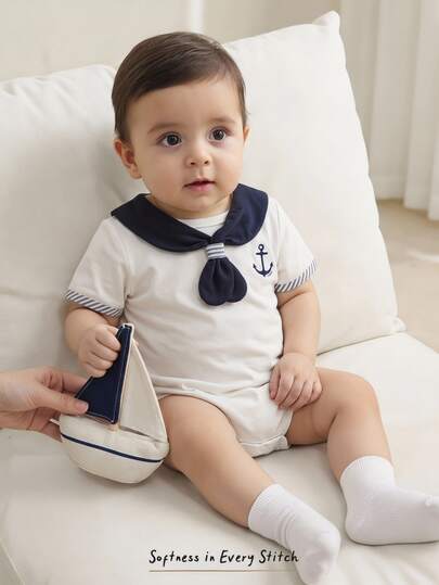 Cozy Pixies Baby Boy/Girl Casual Sporty Nautical Anchor Print Cute Style Short Sleeve Romper, Suitable For Spring/Summer Wear, Indoor & Outdoor
