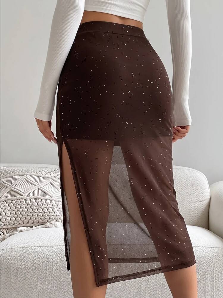 SHEIN Glamour Sparkling Rhinestone Mesh Skirt, High Waist Bodycon Side Slit Skirt, Slimming And Leg-Lengthening, Summer Elegant Disco Sexy Night Party Black Glitter - Brown - View 2