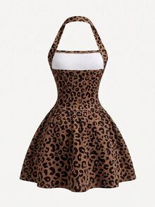 Young Girl Young Girl Young Girl Young Girl Young Girls Summer Casual Leopard Print Halter Neck Dress - Multicolor - View 2