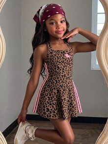 Young Girl Young Girl Young Girl Young Girl Young Girls Summer Casual Leopard Print Halter Neck Dress - Multicolor - View 3