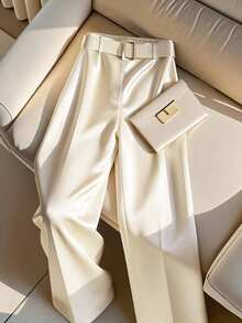 Rosivaux Women's New Metal Buckle Waist Belt Decor Casual Minimalist Wide Leg Pants - Beige - View 4