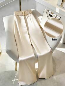 Rosivaux Women's New Metal Buckle Waist Belt Decor Casual Minimalist Wide Leg Pants - Beige - View 6