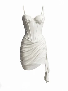 Glamine Women's Sexy White Lace Trim Adjustable Strap Underwire Boned Corset Mini Dress, Back Zipper Ruched Bodycon, Fall Halloween Party Night Out Clubwear - White - View 6
