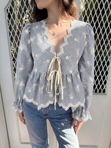 Serisse Women's Striped Pleated Casual Daily Wear Shirt - Royal Blue - View 8