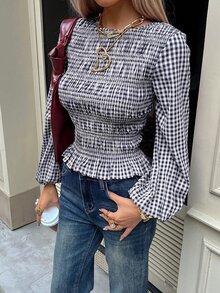 Siren Gaze Women's Plaid Round Neck Lantern Sleeve Shirred Design Blouse - Navy Blue - View 3