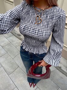 Siren Gaze Women's Plaid Round Neck Lantern Sleeve Shirred Design Blouse - Navy Blue - View 1