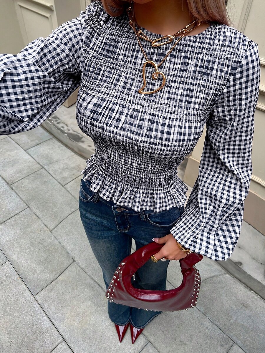 Siren Gaze Women's Plaid Round Neck Lantern Sleeve Shirred Design Blouse - Navy Blue - View 1