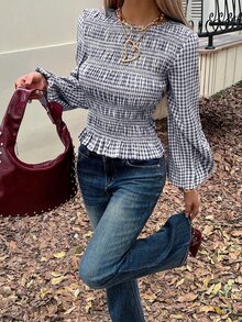 Siren Gaze Women's Plaid Round Neck Lantern Sleeve Shirred Design Blouse - Navy Blue - View 5