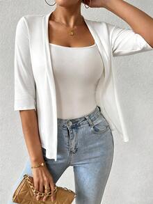 Breezaya Plus Size Women's Solid Color Casual Versatile Daily Open Front Jacket - White - View 7