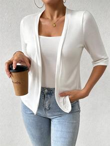 Breezaya Plus Size Women's Solid Color Casual Versatile Daily Open Front Jacket - White - View 6