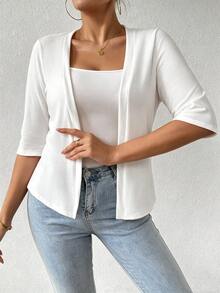 Breezaya Plus Size Women's Solid Color Casual Versatile Daily Open Front Jacket - White - View 3