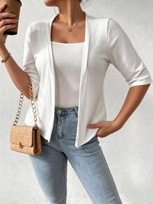 Breezaya Plus Size Women's Solid Color Casual Versatile Daily Open Front Jacket - White - View 4