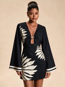 Travachic 女款花卉金屬飾品百褶印花優雅性感長袖洋裝，適合秋季夜晚外出，黑色洋裝 - 彩色 - 查看 4