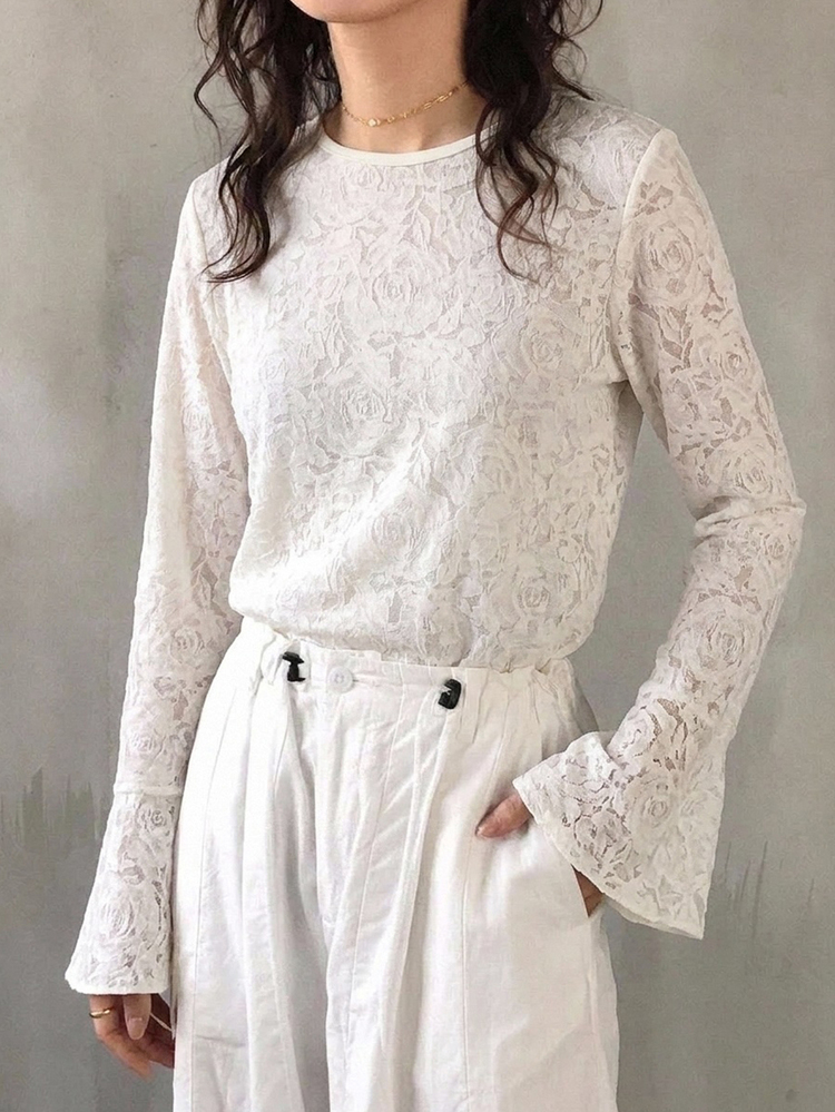 FRIFUL Women's Round Neck Lace Fabric Fitted Flare Sleeve Solid Color Casual T-Shirt Thin Clothing Long Sleeve - Beige - View 9