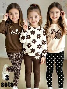 (3 Sets) Autumn/Winter Girls Toddler Fresh Leopard Print Heart Flower Fun Letter Pattern Crew Neck Sweatshirt & Leggings Set - Multicolor - View 3