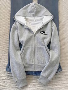 SHEIN Sparklyn 青少年女孩休閒前拉鍊修身運動T恤，適合秋冬，胸前小Logo印花圖案，連帽長袖寬鬆T恤，簡約日常百搭Y2K上衣，美式校園風，Citywalk，Chill - 彩色 - 查看 8