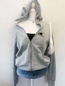 SHEIN Sparklyn 青少年女孩休閒前拉鍊修身運動T恤，適合秋冬，胸前小Logo印花圖案，連帽長袖寬鬆T恤，簡約日常百搭Y2K上衣，美式校園風，Citywalk，Chill - 彩色 - 查看 5