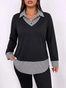 SHEIN Clasi CURVE 大尺碼女款秋冬時尚休閒寬鬆舒適日常基礎極簡格紋拼接翻領長袖襯衫 - 黑色 - 查看 4