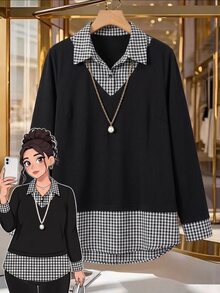 SHEIN Clasi CURVE 大尺碼女款秋冬時尚休閒寬鬆舒適日常基礎極簡格紋拼接翻領長袖襯衫 - 黑色 - 查看 1