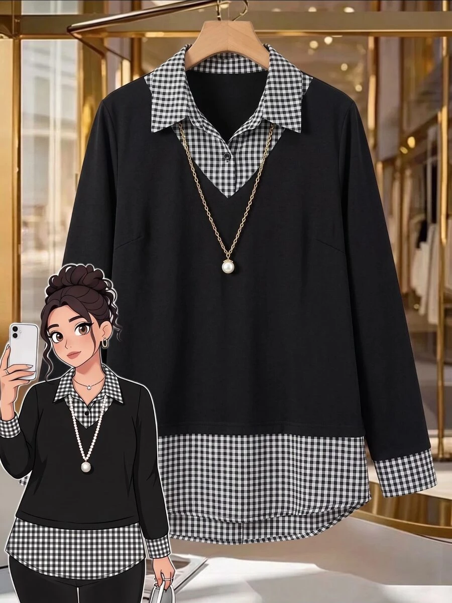 SHEIN Clasi CURVE 大尺碼女款秋冬時尚休閒寬鬆舒適日常基礎極簡格紋拼接翻領長袖襯衫 - 黑色 - 查看 1