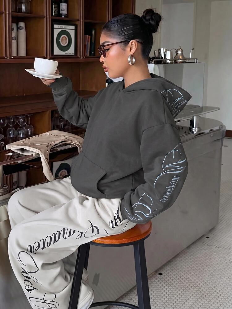 Muchica Dark Gray Plus Size Women's Letter Print Sweatshirt - Dark Grey - View 6