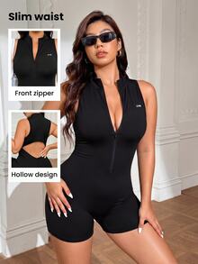 SHEIN Rhythm Era Plus Size Women Letter Print Zipper Sports Romper - Black - View 3