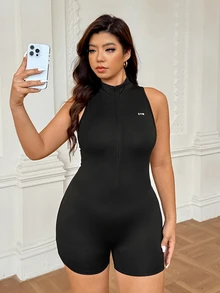 SHEIN Rhythm Era Plus Size Women Letter Print Zipper Sports Romper - Black - View 6