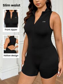 SHEIN Rhythm Era Plus Size Women Letter Print Zipper Sports Romper - Black - View 10