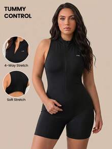 SHEIN Rhythm Era Plus Size Women Letter Print Zipper Sports Romper - Black - View 1