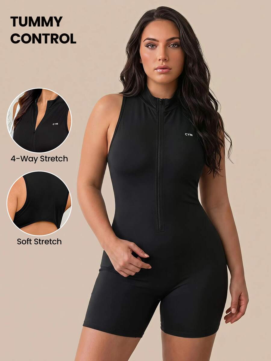 SHEIN Rhythm Era Plus Size Women Letter Print Zipper Sports Romper - Black - View 1