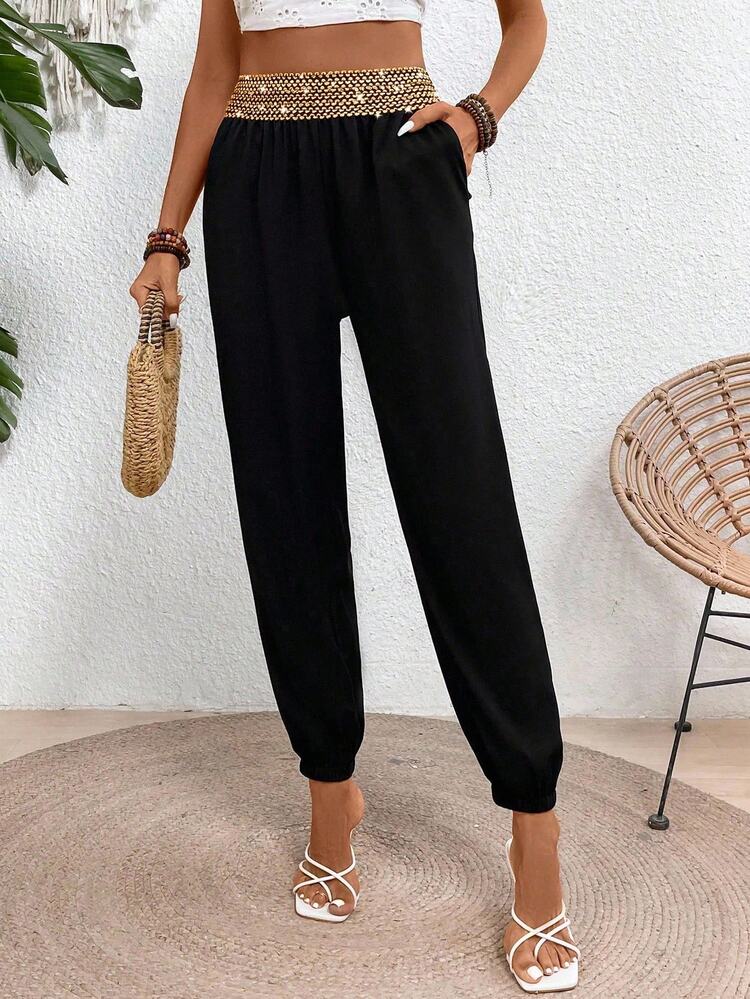 Yunfilé Women's High-Metallic Filigree Lace-Up Waistband Skinny Pants Fall Cloth For Women - Black - View 6