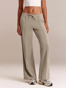GLOWMODE Soft-Brushed Modal Find Your Glow Wide-Leg Pants With Front Seam & Adjustable Drawstring Waist Daily Casual Summer Wear - Khaki - View 5