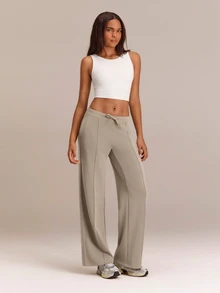 GLOWMODE Soft-Brushed Modal Find Your Glow Wide-Leg Pants With Front Seam & Adjustable Drawstring Waist Daily Casual Summer Wear - Khaki - View 7