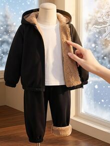 SHEIN Young Boy Decorative Patchwork Kids Hooded Long Sleeve Autumn Jacket & Elastic Waist Long Pants 2pcs Set - Black - View 6